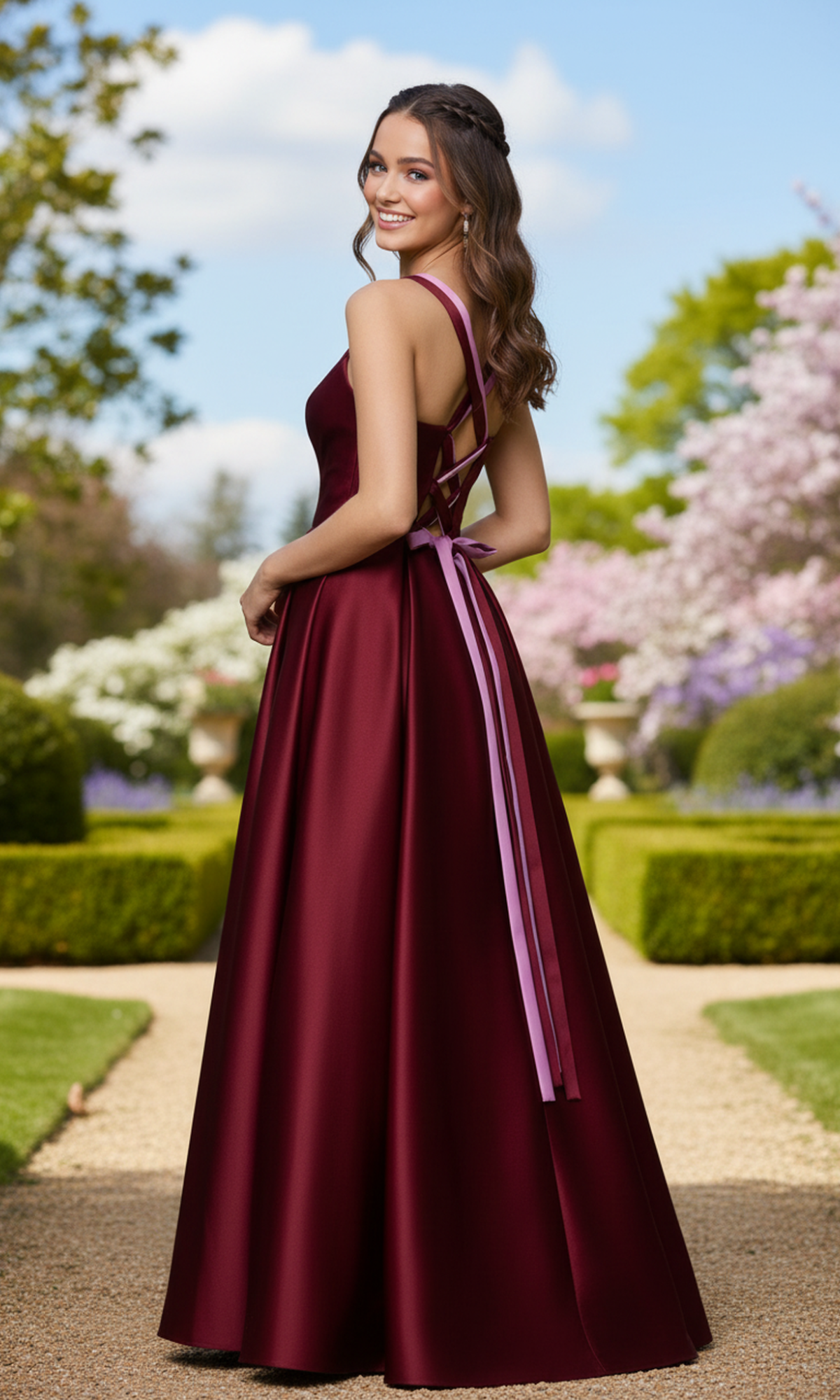 Wearing the Blondie Nites 6192BN long prom dress with pink ribbon details and a sweetheart neckline, a woman stands on a garden path amidst green hedges and blooming flowers under a partly cloudy sky.